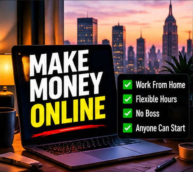 Laptop on a desk in front of a city skyline at sunset, with the text Make Money Online