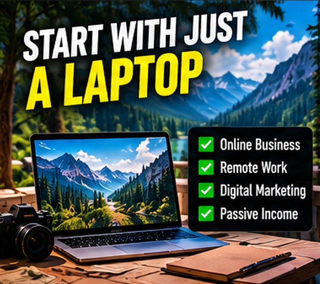 Laptop, camera and notebook on a wooden table in front of mountains, with the text Start With Just a Laptop