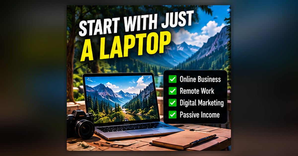 Laptop, camera and notebook on a wooden table in front of mountains, with the text Start With Just a Laptop