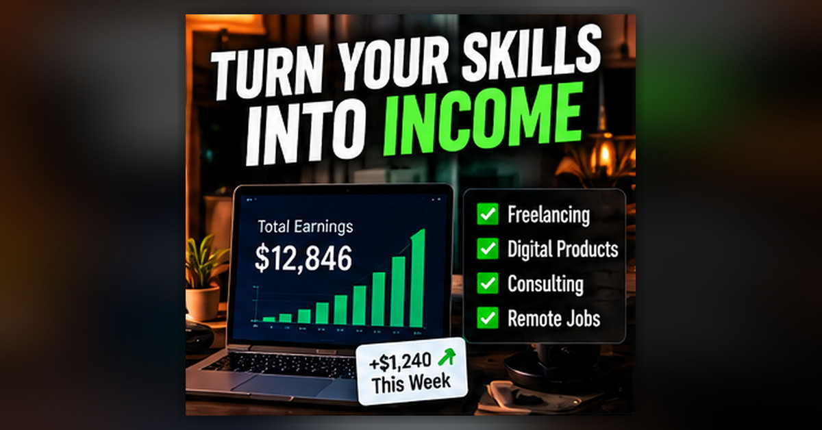 Illustrative graphic of a laptop with a rising chart and the text Turn Your Skills Into Income