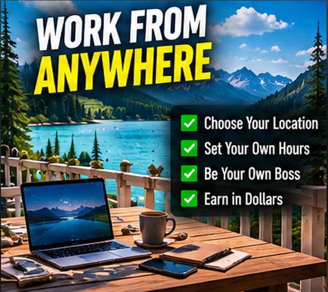 Laptop, coffee and notebook on a wooden deck overlooking a mountain lake, with the text Work From Anywhere