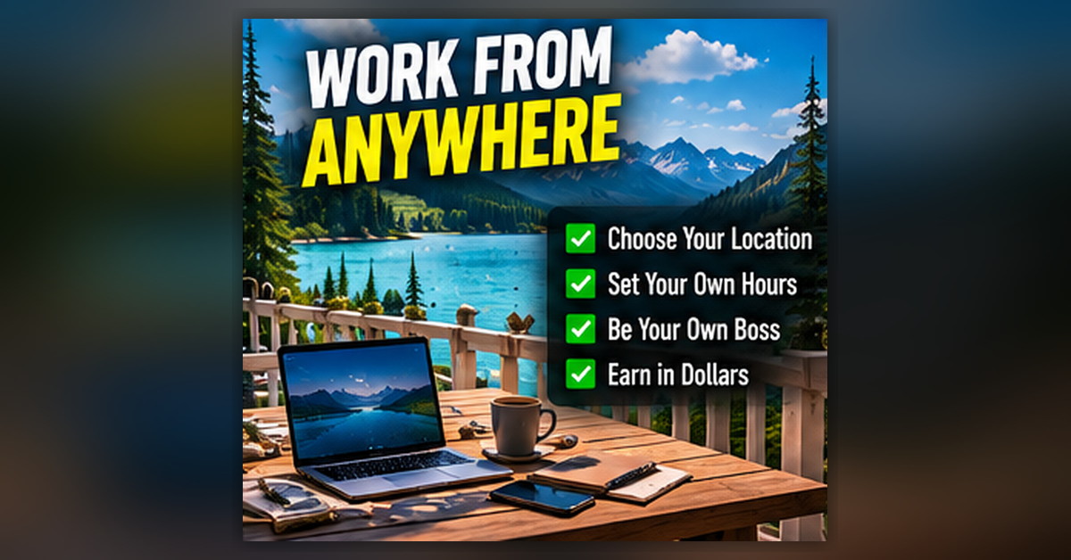 Laptop, coffee and notebook on a wooden deck overlooking a mountain lake, with the text Work From Anywhere